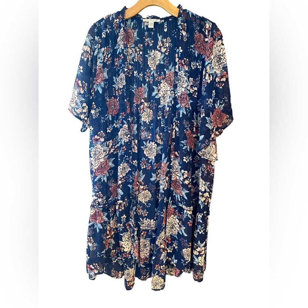 American Eagle Sz XS Navy Blue Tiny Floral Ruffle Accents Flowy Gypsy Kimono